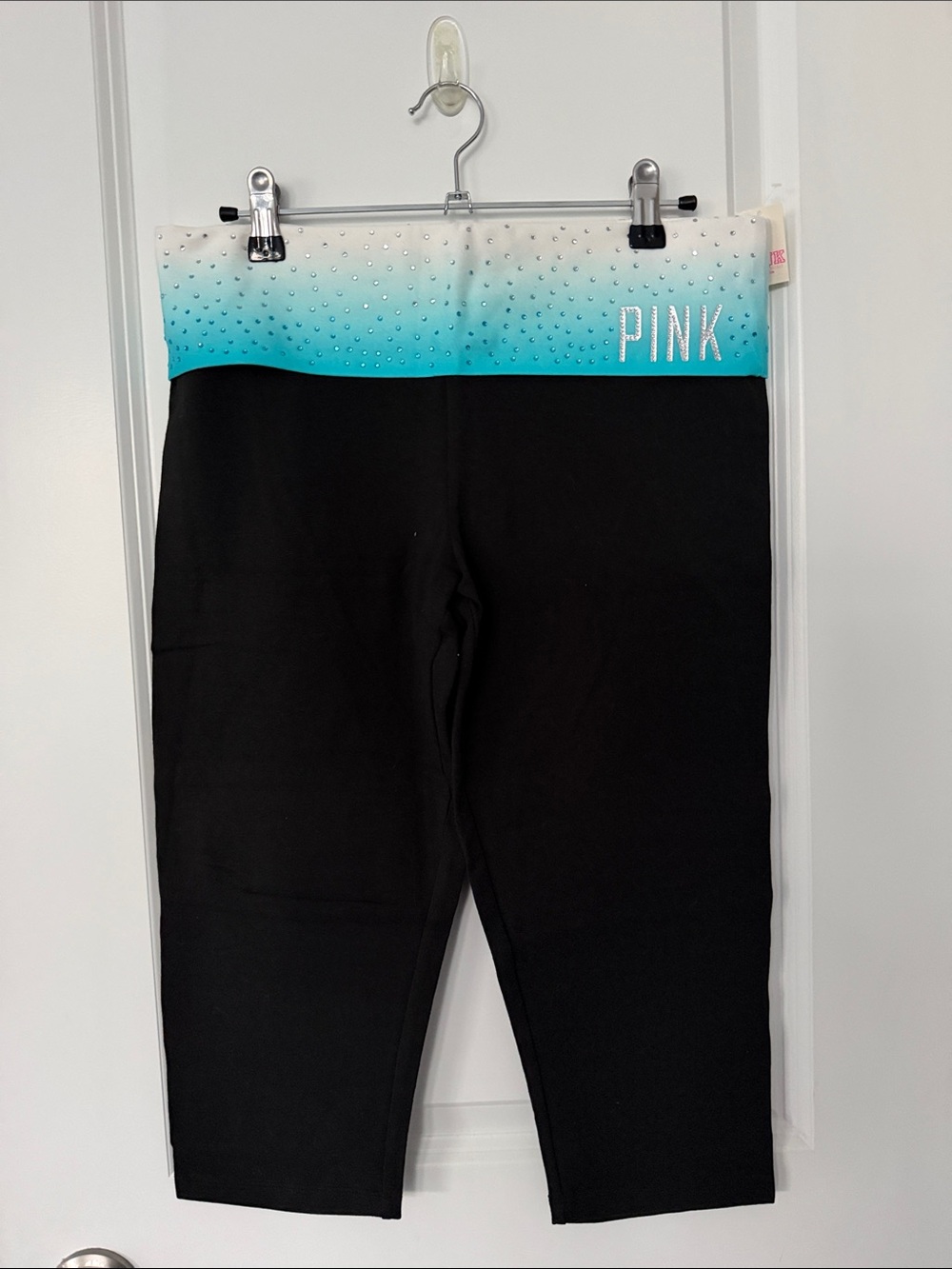 NWT PINK Victoria's Secret Black Leggings with Aqua Ombre Waistband